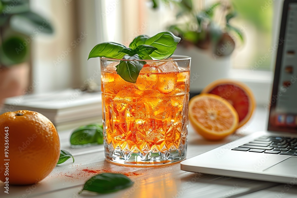 A glass of orange juice with a basil leaf on top A glass of orange juice with a basil leaf on top