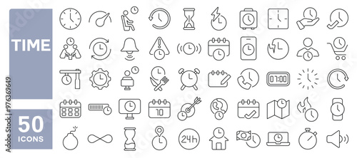 Set of 50 line icons related to time, date, clock, alarm, schedule, hourglass, appointment, wait, calendar, fast, notification, timing, Editable stroke. Vector illustration