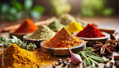 Colorful spice blends with depth of field showcasing vibrant powders and aromatic herbs photo