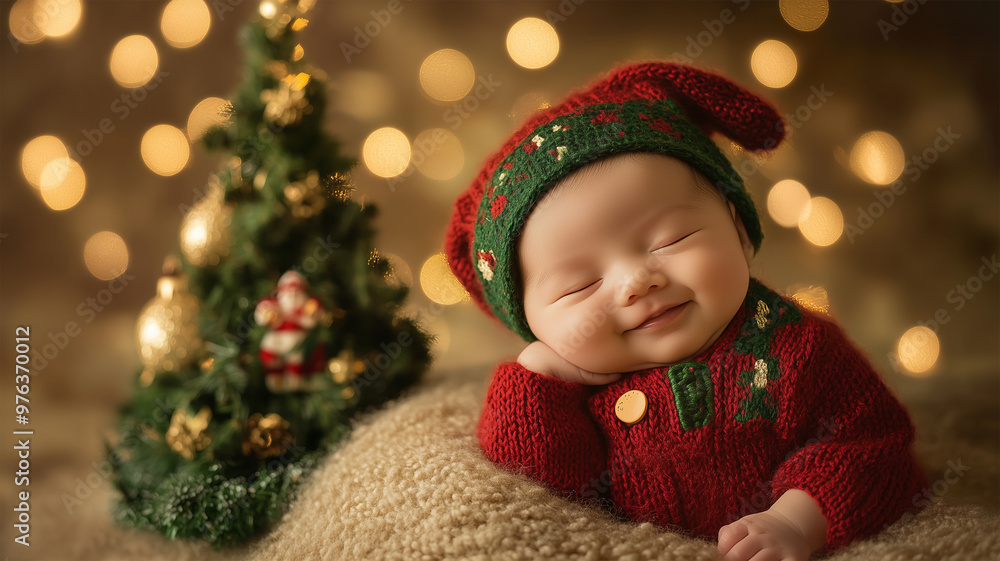 編み物クリスマス衣装を着た新生児 編み物クリスマス衣装を着た新生児