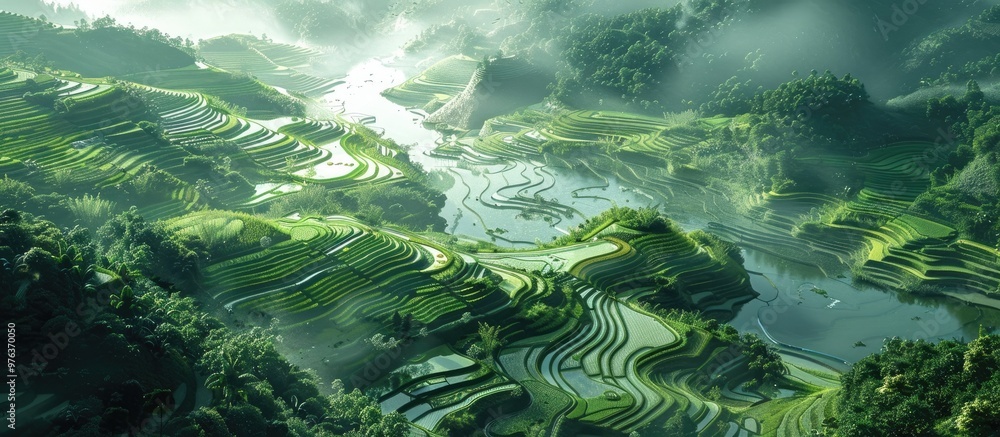 Stunning aerial view of the mesmerizing terraced rice fields nestled in the lush green mountainous landscape with dramatic atmospheric conditions like mist fog Stunning aerial view of the mesmerizing terraced rice fields nestled in the lush green mountainous landscape with dramatic atmospheric conditions like mist fog