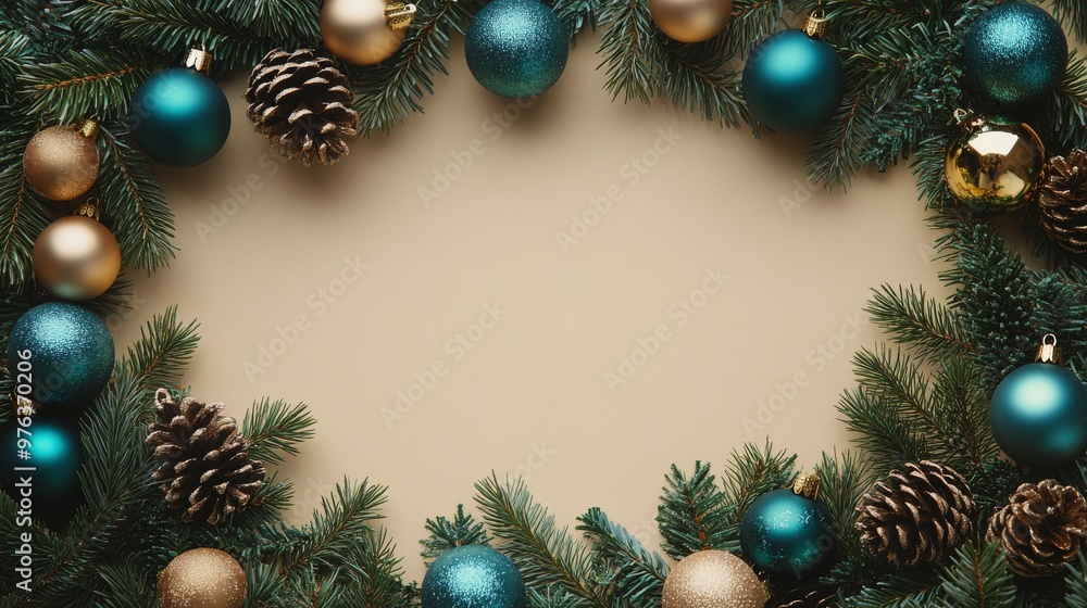Christmas ornaments and pine cones on a neutral background for holiday cheer Christmas ornaments and pine cones on a neutral background for holiday cheer