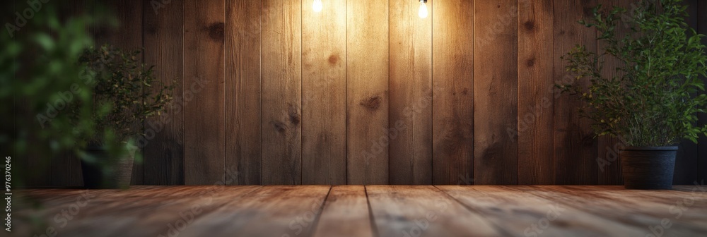 A wooden wall adorned with potted plants and warm lights creates a cozy, rustic ambiance, perfect for interiors or backgrounds with a natural touch. A wooden wall adorned with potted plants and warm lights creates a cozy, rustic ambiance, perfect for interiors or backgrounds with a natural touch.