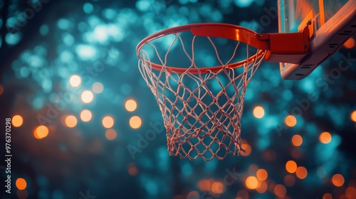 Basketball hoop under soft glowing lights in an outdoor court at dusk