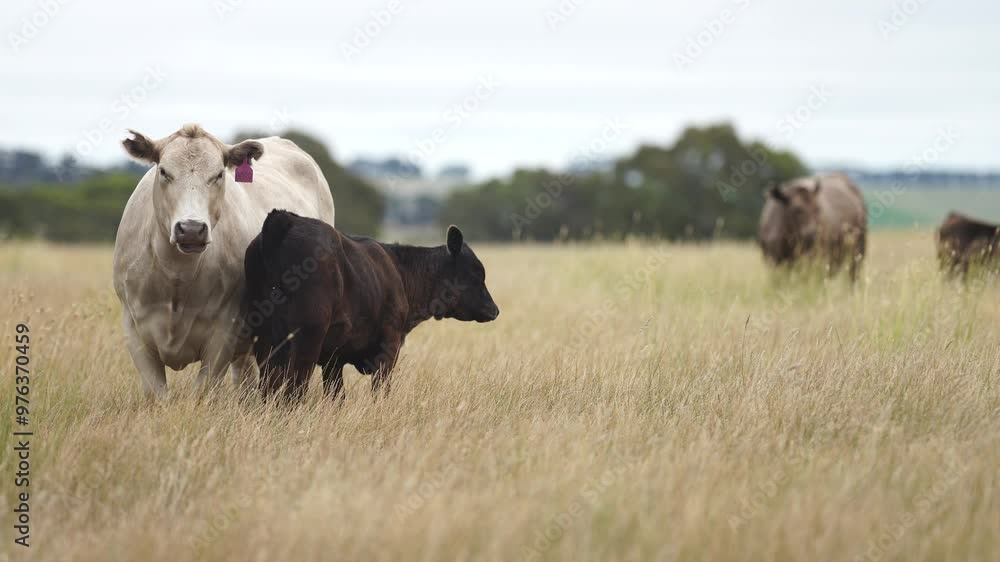 Stud Angus, wagyu, Murray grey, Dairy and beef Cows and Bulls grazing on grass and pasture in a field. The animals are organic and free range, being grown on an agricultural farm in Australia. Stud Angus, wagyu, Murray grey, Dairy and beef Cows and Bulls grazing on grass and pasture in a field. The animals are organic and free range, being grown on an agricultural farm in Australia.