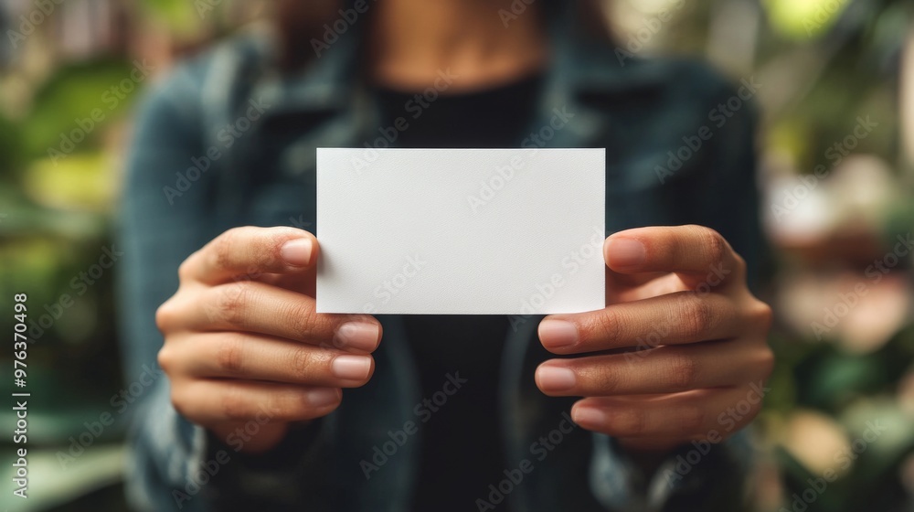 Person holding a blank business card in hands with a soft background during daylight Person holding a blank business card in hands with a soft background during daylight