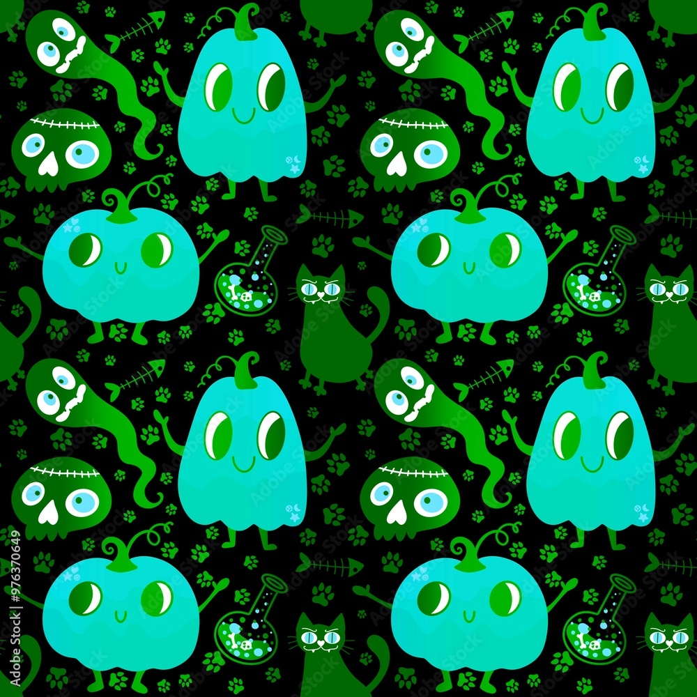 Halloween cute pumpkins seamless monsters pattern for wrapping paper and fabric Halloween cute pumpkins seamless monsters pattern for wrapping paper and fabric