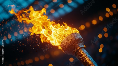Person holds a burning torch in a stadium during a vibrant sports event celeb...