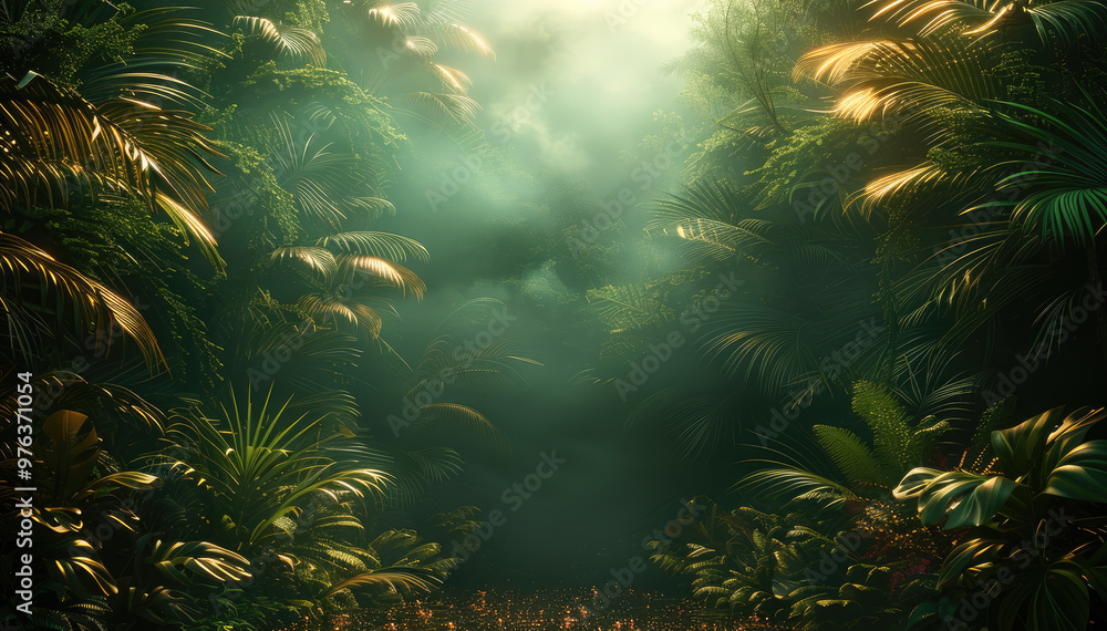A deep jungle place surrounded by vegetation of canopy, the tropical jungle have a few golden leaves and gemstones encrusted into trees. Generative AI. A deep jungle place surrounded by vegetation of canopy, the tropical jungle have a few golden leaves and gemstones encrusted into trees. Generative AI.