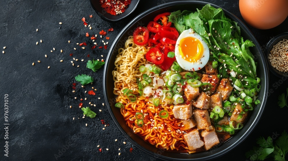 Savory ramen bowl with tender chicken, soft-boiled eggs, and fresh vegetables on a dark surface Savory ramen bowl with tender chicken, soft-boiled eggs, and fresh vegetables on a dark surface