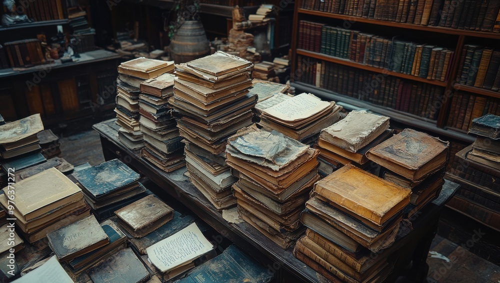 A cluttered desk in an old library overflows with dusty, aged books, evoking a sense of antiquity and scholarly pursuit. A cluttered desk in an old library overflows with dusty, aged books, evoking a sense of antiquity and scholarly pursuit.