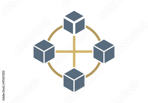 Cubos unidos con trazado dorado representando la blockchain 