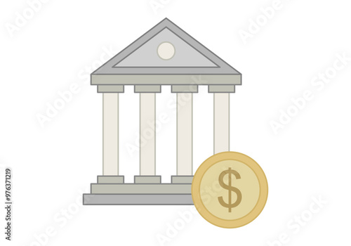 Icono de banco con templo y moneda en dólar 