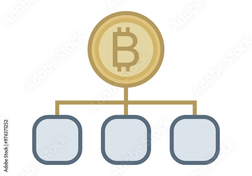 Moneda de bitcoin esquemático con recuadros representando usuarios