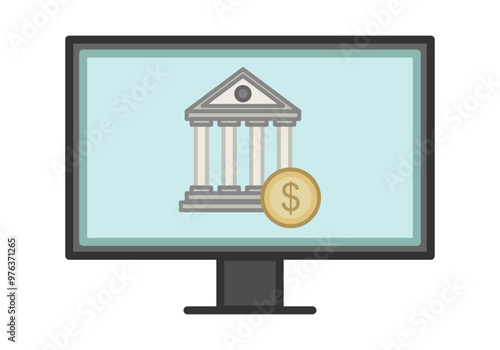Pantalla de ordenador con icono de banco en dólar representando banca online