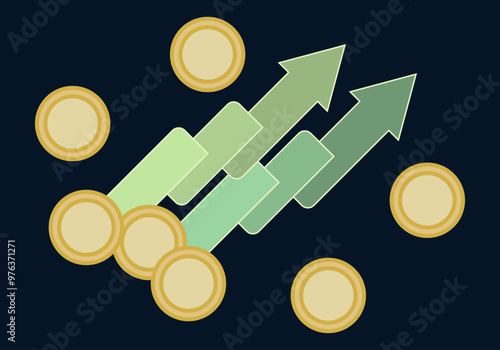 Flechas verdes de beneficios con monedas doradas