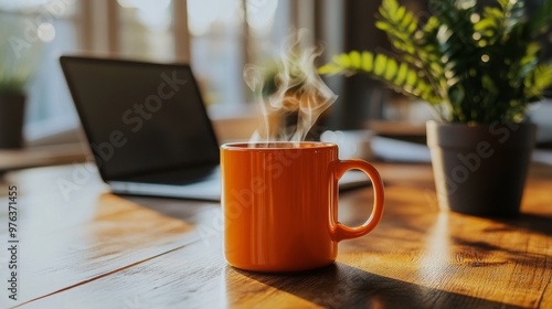 Cozy morning with a steaming cup of coffee and a laptop in a plant-filled spa...