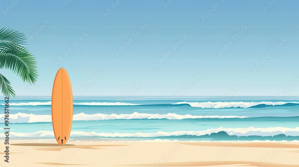 Orange Surfboard on a Sandy Beach with a Palm Tree and Ocean Waves Orange Surfboard on a Sandy Beach with a Palm Tree and Ocean Waves