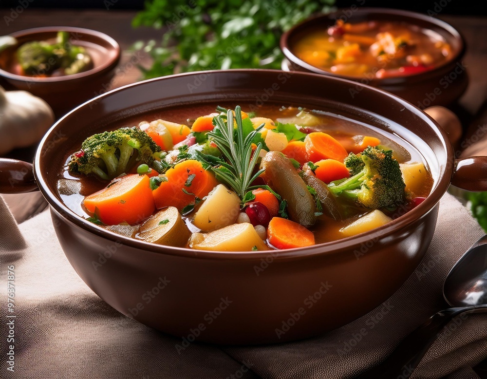Hearty vegetable stews with depth of field showcasing root vegetables and rich broths Hearty vegetable stews with depth of field showcasing root vegetables and rich broths