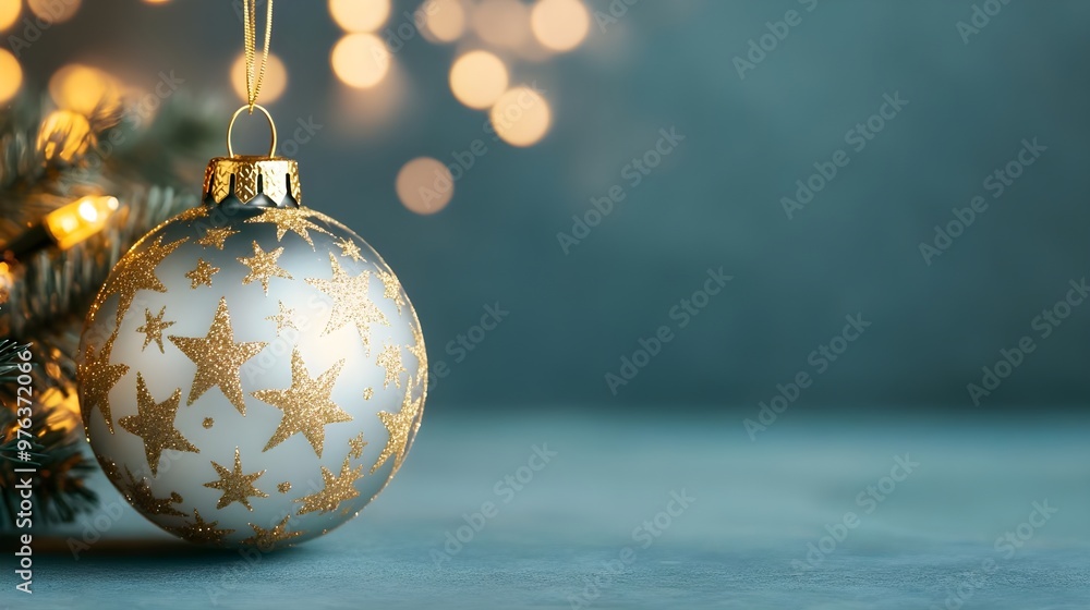 Christmas Ornament with Golden Stars on Teal Background Christmas Ornament with Golden Stars on Teal Background