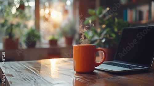 Cozy morning with a steaming cup of coffee and a laptop in a plant-filled spa...