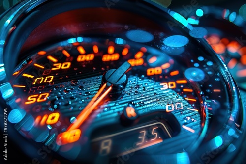 A close up of a speedometer with the numbers 30, 35, and 50 lit up photo