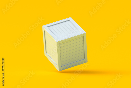 Falling wooden shipping box on orange background. Transportation crate. Import, export goods. 3d render photo