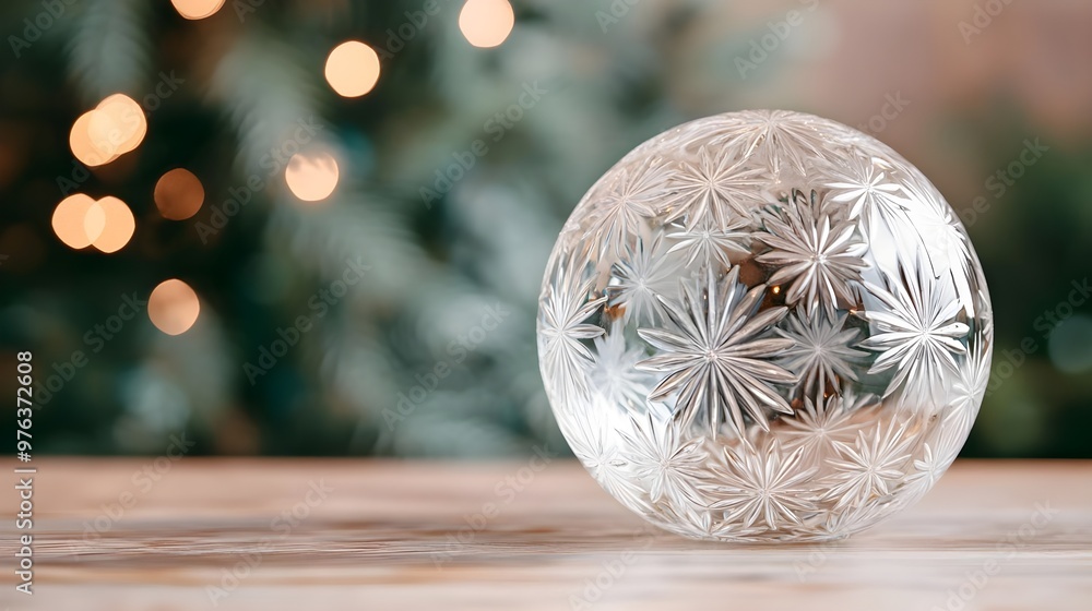 Clear Crystal Ornament on Wooden Table with Blurred Lights Clear Crystal Ornament on Wooden Table with Blurred Lights