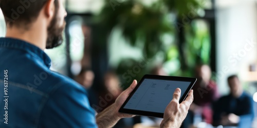 This image features a person holding a tablet displaying a presentation in a meeting room environment, suggesting a modern professional or corporate business setting.