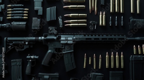 An intricate flat lay of disassembled AR-15 rifle parts and bullets arranged meticulously on a dark surface.