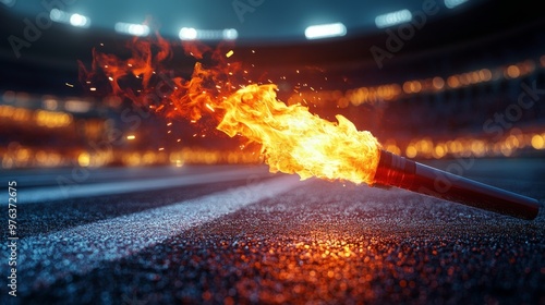 Person holds a burning torch in a stadium during a vibrant sports event celeb...