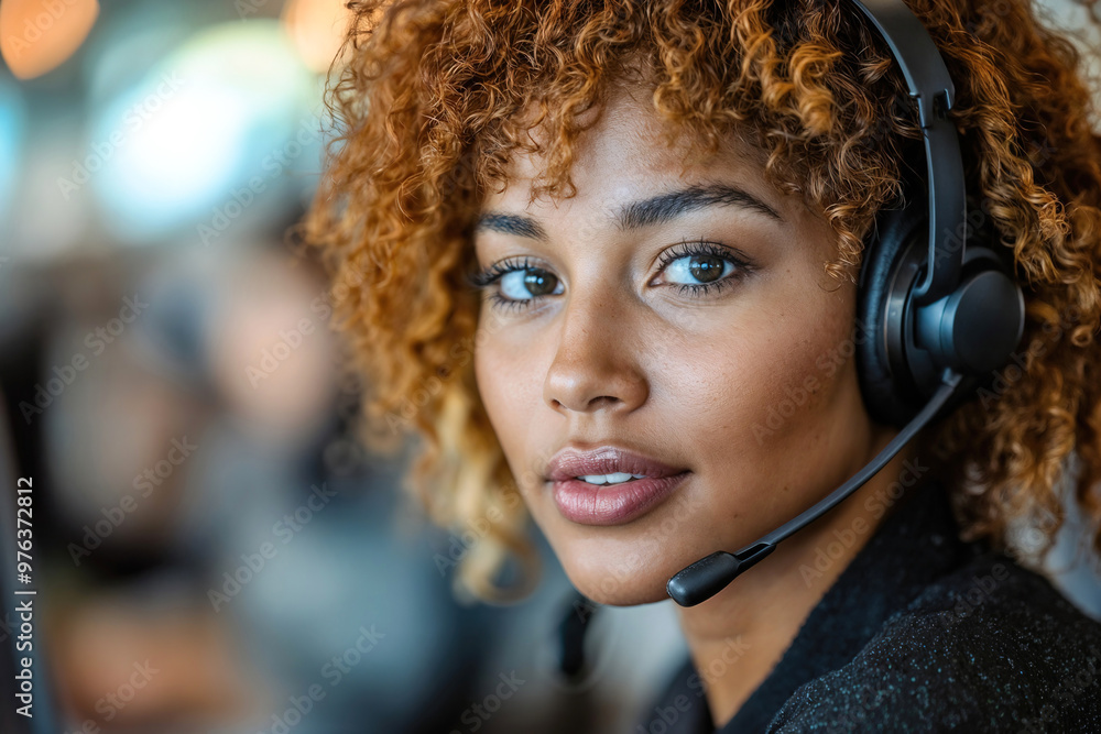 A woman wearing a headset is sitting in front of a computer.