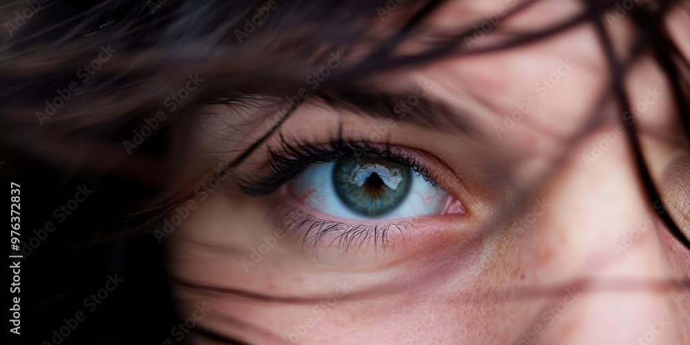 A detailed close-up image showing the vibrant blue eye of an individual with dark lashes and hair partially framing the eye, capturing intense detail and emotion. A detailed close-up image showing the vibrant blue eye of an individual with dark lashes and hair partially framing the eye, capturing intense detail and emotion.