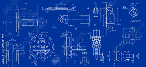 Vector engineering drawing of steel mechanical parts with through holes.
Industrial cad scheme on paper sheet. Technology background. Technic machined design.
