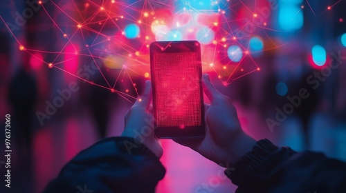 Smartphone displaying digital connections against a blurred cityscape at night