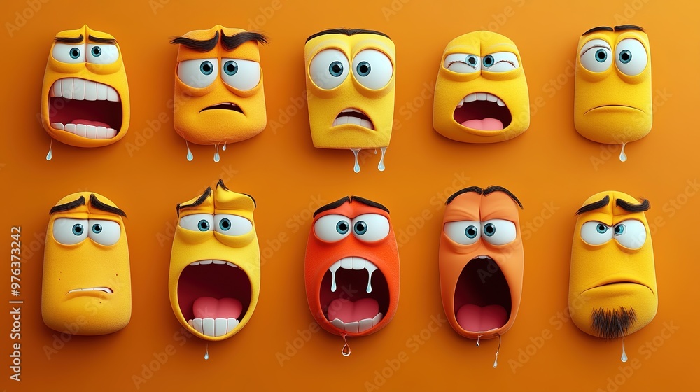 Funny cartoon faces of characters crying, with tears streaming down their cheeks Funny cartoon faces of characters crying, with tears streaming down their cheeks
