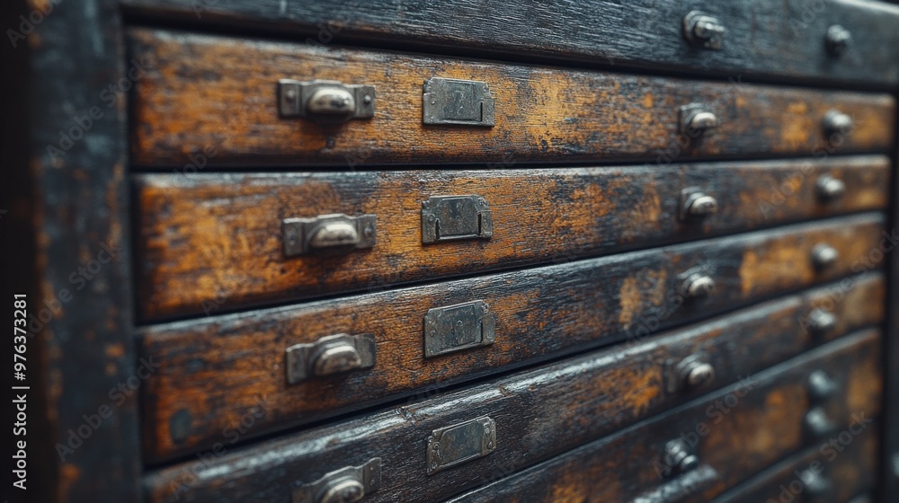 Close-up of a dark wooden drawer front with multiple weathered handles, showcasing striking textures and a sense of historical charm. Close-up of a dark wooden drawer front with multiple weathered handles, showcasing striking textures and a sense of historical charm.