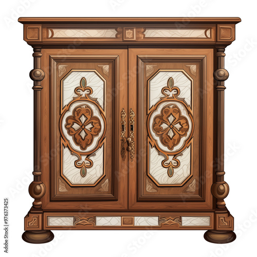 Ornate Wooden Cabinet With Intricate Carvings And Decorative Panels On Front Doors