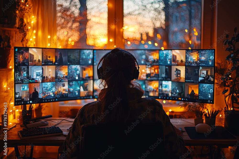 A person holding a video conference call with colleagues, while working from a cozy living room. Concept of remote work culture. A person holding a video conference call with colleagues, while working from a cozy living room. Concept of remote work culture.