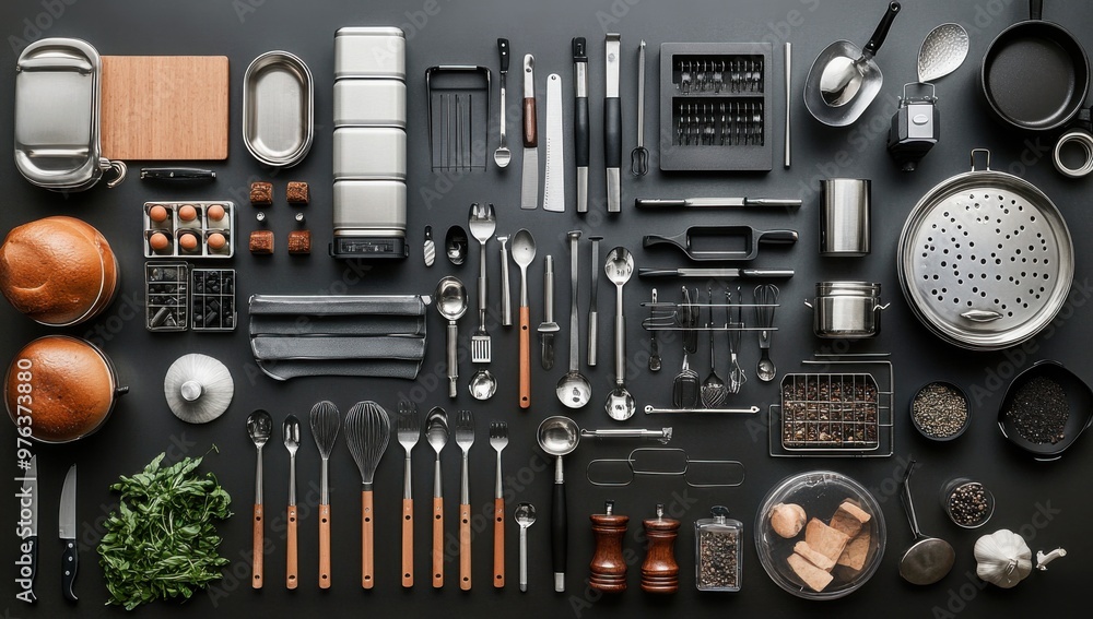 A meticulous, overhead shot of a wide range of kitchen tools and equipment laid out on a dark surface, reflecting the essentials for culinary endeavors. A meticulous, overhead shot of a wide range of kitchen tools and equipment laid out on a dark surface, reflecting the essentials for culinary endeavors.
