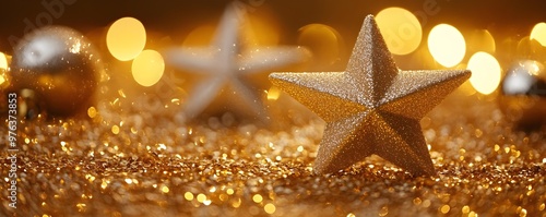 Festive Gold Glitter with Sparkling Star - Christmas Ornament
