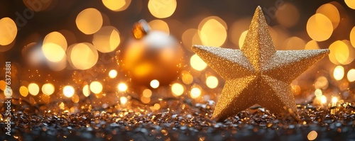 Festive Gold Star with Bokeh Lights, Holiday Decor