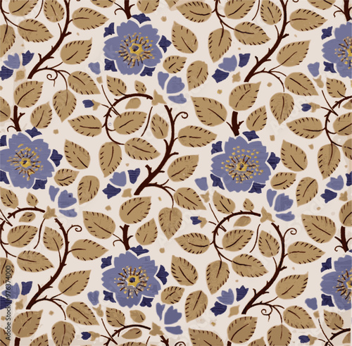 Vintage floral pattern featuring stylized blue flowers and brown leaves on a white background.