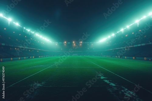 A vast empty stadium illuminated by bright floodlights under the night sky, exudes a calm yet electrifying atmosphere.