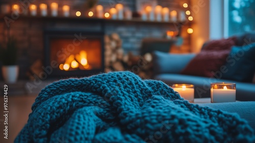 Cozy evening beside a warm fireplace with soft textiles and flickering candles