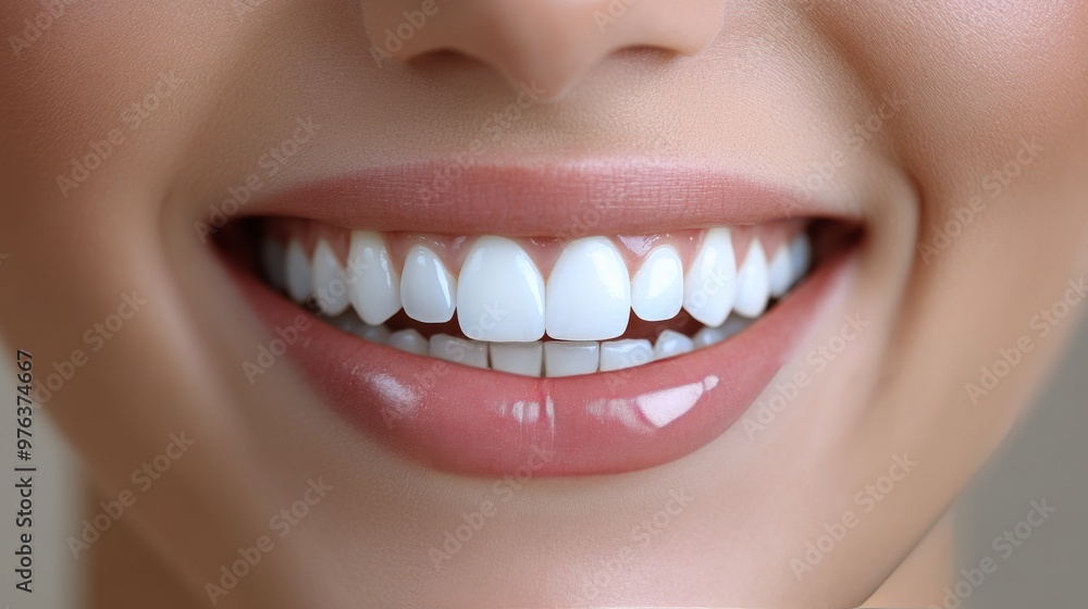 Smiling woman showing bright white teeth with natural makeup during daytime Smiling woman showing bright white teeth with natural makeup during daytime