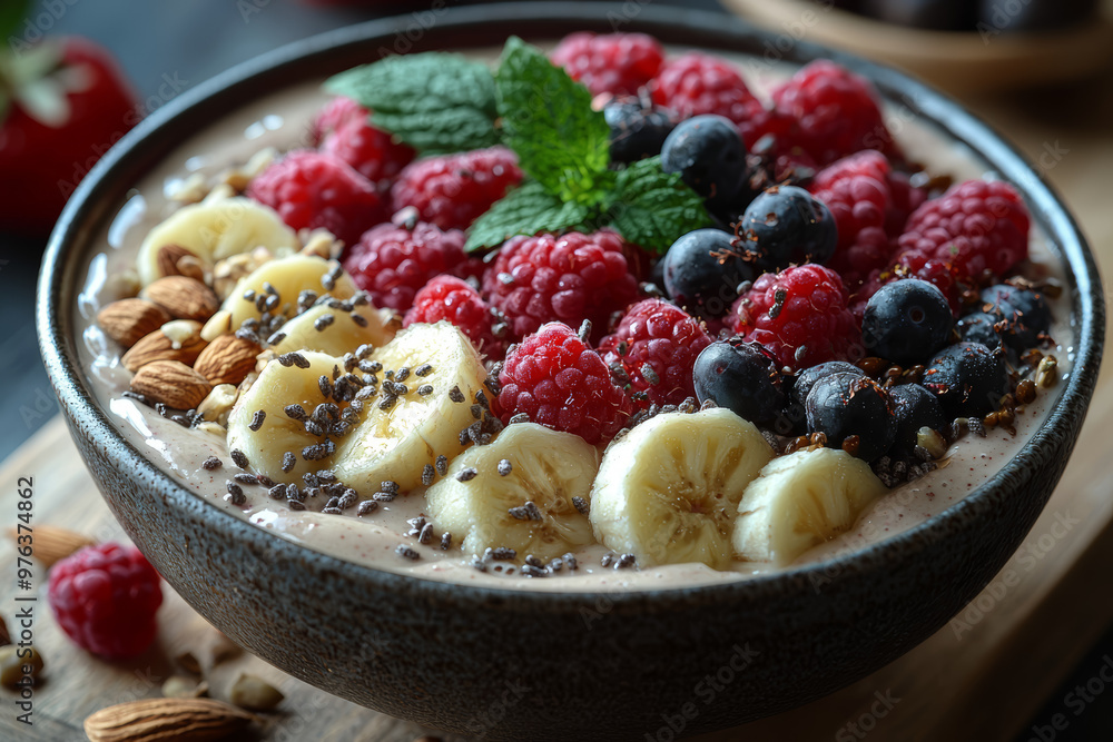 A close-up of a smoothie bowl topped with fruits, nuts, and seeds. Concept of health and vitality. A close-up of a smoothie bowl topped with fruits, nuts, and seeds. Concept of health and vitality.
