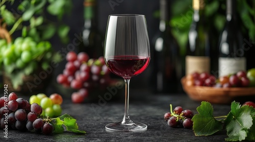 Red wine glass beside fresh grapes with vibrant leaves on a rustic wooden sur...