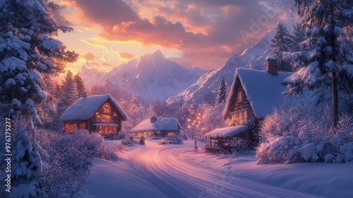 Winter sunset over a snowy village with cozy cabins nestled among the mountains