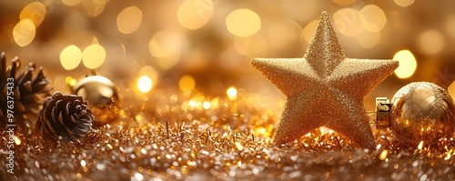 Gold Christmas Star Ornament with Bokeh Lights